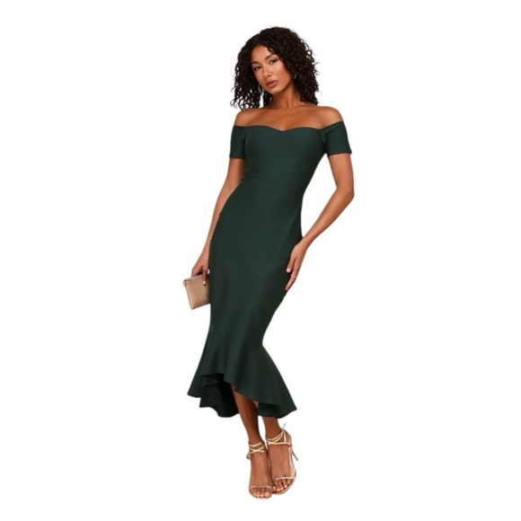 NEW Lulus How Much I Care Dark Green Off-the-Shoulder Midi Dress Sm #1577 - Picture 2 of 7